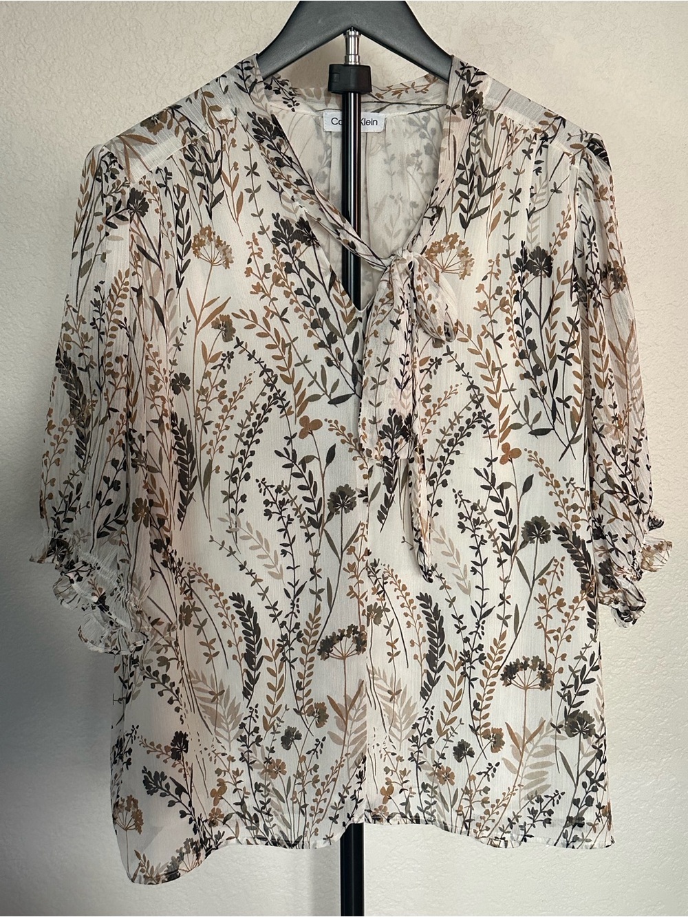 Calvin Klein Cream Floral Tie-Neck Blouse with Brown & Black Botanicals